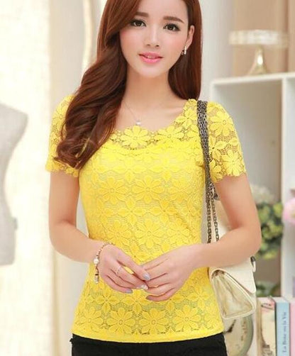 xakxx Summer Women Sexy Floral Lace Slim Blouses Shirts Ladies Elegant Casual Short Sleeve Tee Tops Blusas Plus Size blouse S-5XL