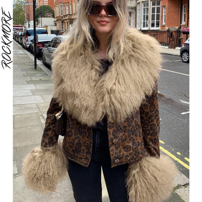 xakxx Fur Trim Leopard Jackets Women Long Sleeve Coats Y2K Streetwear Autumn Winter Warm Casual Outerwear Button Cardigans
