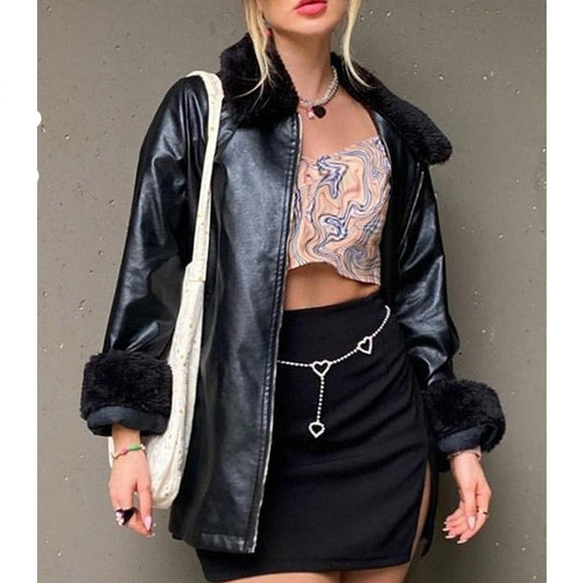xakxx Faux Leather Biker Jacket Women Fur Collar Furry Long Sleeve Patchwork Coats Streetwear Winter Casual Zip PU Outerwear