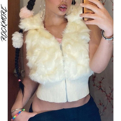 Women Fur Vest Jackets Streetwear Autumn Winter Plush Sleeveless Coats Casual Crop Tank Tops Y2K Aesthetic Clothes