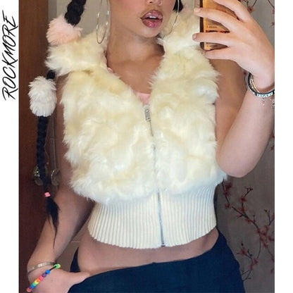Women Fur Vest Jackets Streetwear Autumn Winter Plush Sleeveless Coats Casual Crop Tank Tops Y2K Aesthetic Clothes
