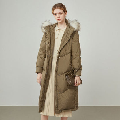 Women Raccoon Fur Collar Black Long Down Jacket Three-proof Fabric Thick Warm Jacket Removable Fur Collar Design Coat
