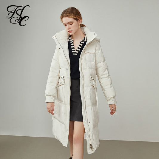 Office Lady White Duck Down Hooded Down Jacket Women's  New Coat Women's Medium Length For Women