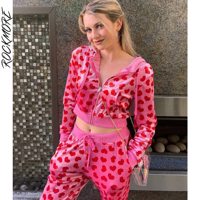 xakxx  Hooded Cropped Jackets Pink Zip Up Coats Women'S Jacket Heart Print Short Jacket Harajuku Korean Female