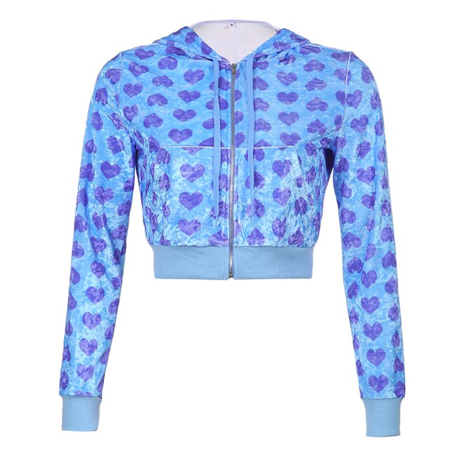 xakxx  Hooded Cropped Jackets Pink Zip Up Coats Women'S Jacket Heart Print Short Jacket Harajuku Korean Female