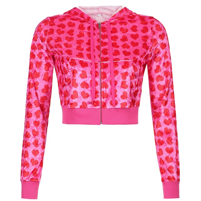 xakxx  Hooded Cropped Jackets Pink Zip Up Coats Women'S Jacket Heart Print Short Jacket Harajuku Korean Female