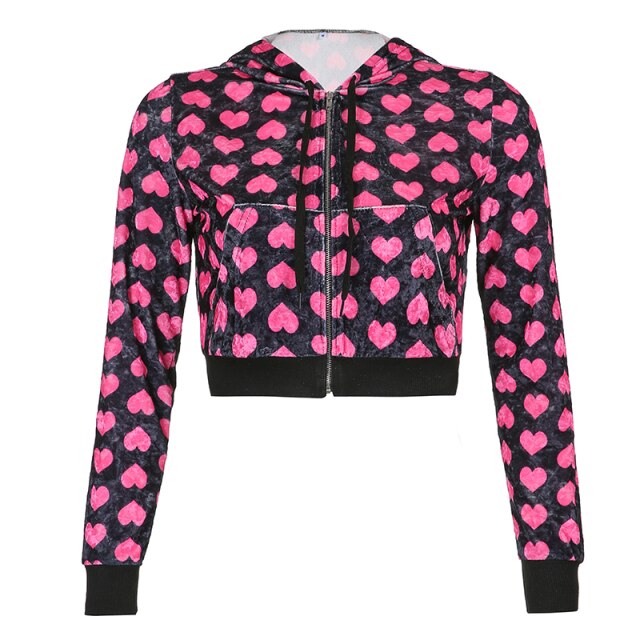 xakxx  Hooded Cropped Jackets Pink Zip Up Coats Women'S Jacket Heart Print Short Jacket Harajuku Korean Female