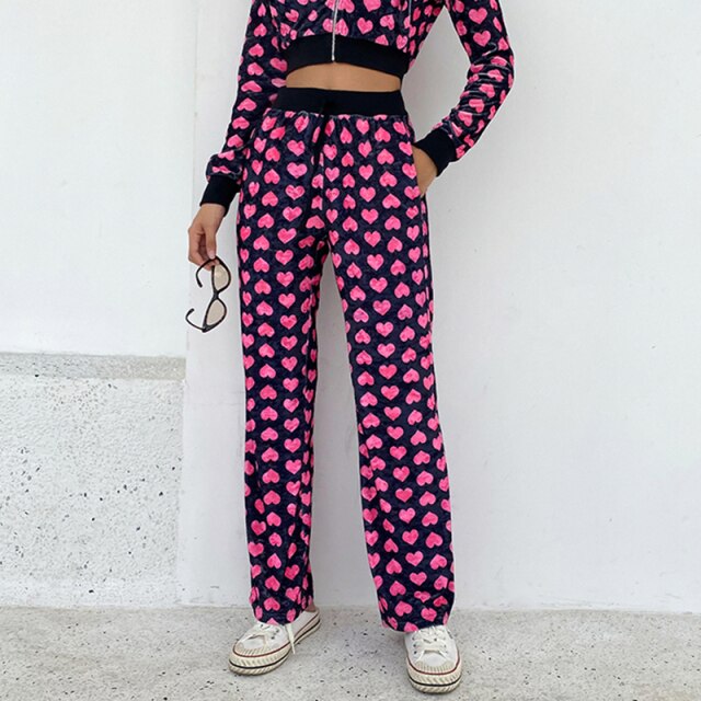 xakxx  Hooded Cropped Jackets Pink Zip Up Coats Women'S Jacket Heart Print Short Jacket Harajuku Korean Female
