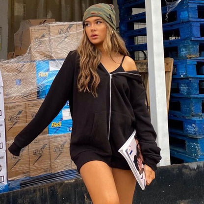 Solid Hoodies Oversized Women'S Sweatshirts Pockets Jacket Harajuku Femme Clothing  Autumn Casual Hooded Zip Up Top