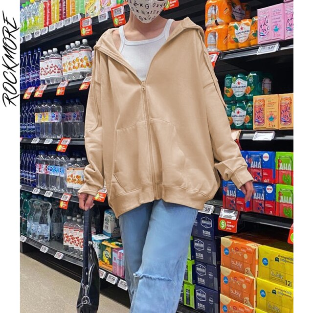 Solid Hoodies Oversized Women'S Sweatshirts Pockets Jacket Harajuku Femme Clothing  Autumn Casual Hooded Zip Up Top