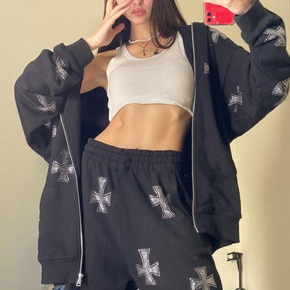 Print Hoodies Women'S Sweatshirts Oversized Pocket Jacket Streetwear Autumn Casual Loose Hooded Zipper Top Clothes