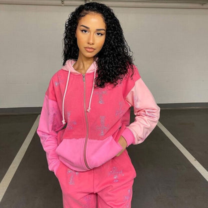 Print Hoodies Women'S Sweatshirts Oversized Pocket Jacket Streetwear Autumn Casual Loose Hooded Zipper Top Clothes