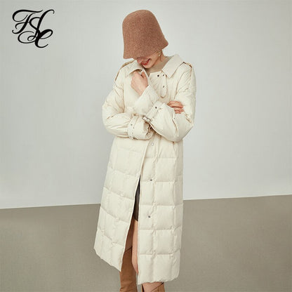 Women Trench Coat Style Down Jacket Black Mid-length Commuter Lapel Winter Jacket White Waist Down Coat Jacket Women