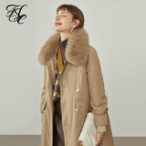 Women Simple Beige Two-wear Tooling Down Jackets Winter Long Fur Collar Loose Coat detachable liner Khaki Down Coats