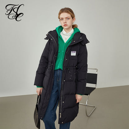 Women Down Jacket Mid-length Blue Hooded Thick Coat Black Straight Drawstring Waist Down Jacket Detachable Hat Design
