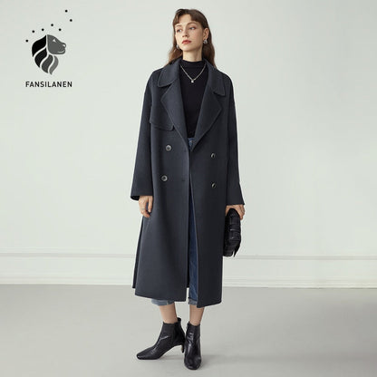 Double Breasted 100% Wool Coat Women Elegant Cashmere Long Winter Coat Female Oversized Vitnage Blend Jacket Overcoat