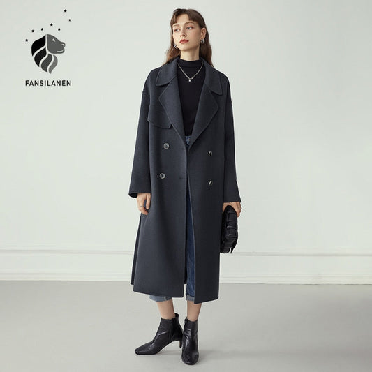 Double Breasted 100% Wool Coat Women Elegant Cashmere Long Winter Coat Female Oversized Vitnage Blend Jacket Overcoat