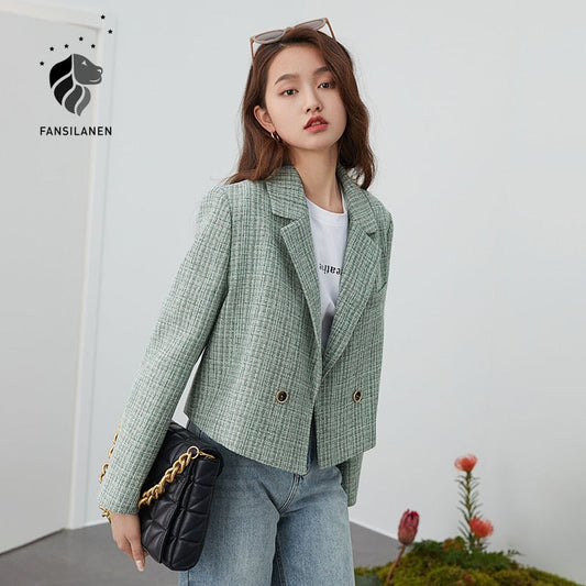 Green Tweed Plaid Short Blazer Women Elegant Office Oversized Blazer Jacket Female Casual Streetwear Spring Coat