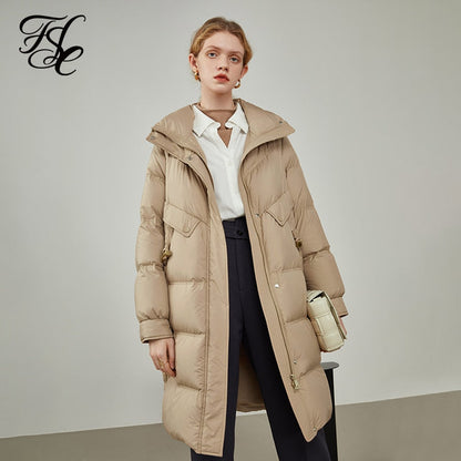 Women's Winter Stand-up Collar Casual Horn Button Down Jacket Black Mid-length Warm Jacket Khaki Straight Down Coats