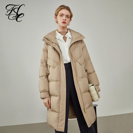 Women's Winter Stand-up Collar Casual Horn Button Down Jacket Black Mid-length Warm Jacket Khaki Straight Down Coats