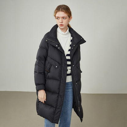 Women's Winter Stand-up Collar Casual Horn Button Down Jacket Black Mid-length Warm Jacket Khaki Straight Down Coats