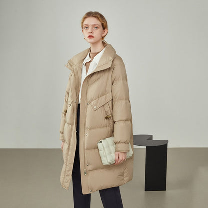 Women's Winter Stand-up Collar Casual Horn Button Down Jacket Black Mid-length Warm Jacket Khaki Straight Down Coats