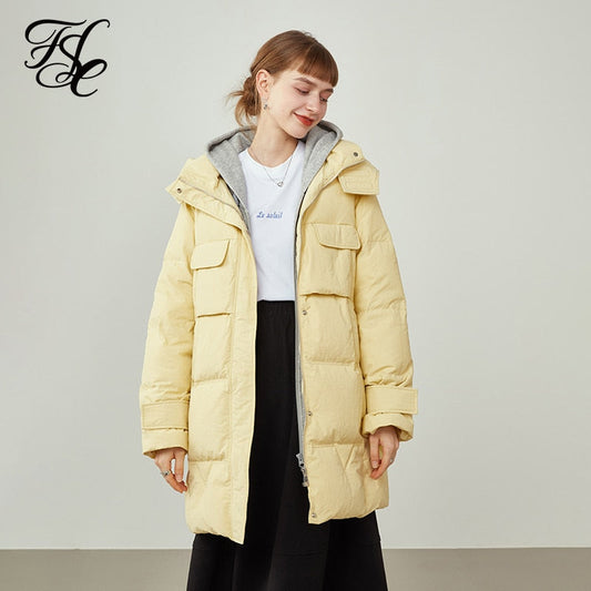 Women Puffer Jacket Large Lapel Design Hooded Down Jacket  Winter Jacket Women's Mid-length Black Down Coats