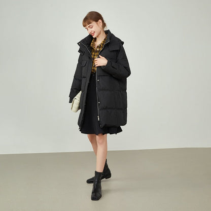 Women Puffer Jacket Large Lapel Design Hooded Down Jacket  Winter Jacket Women's Mid-length Black Down Coats