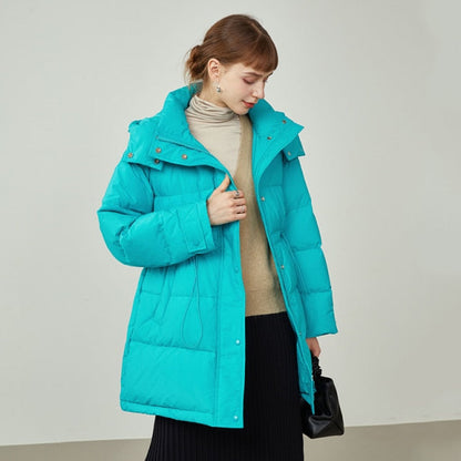 Women Coats Jackets Winter Stand-up Collar Hood Light Color Down Jackets 90 White Duck Down Mid-length Down Coats