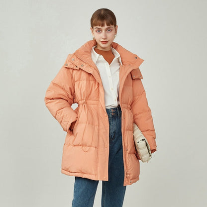 Women Coats Jackets Winter Stand-up Collar Hood Light Color Down Jackets 90 White Duck Down Mid-length Down Coats