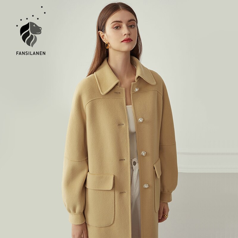 xakxx 100% Wool Long Women's Coat Autumn Winter Oversized Vintage Coat Jacket Wool Blend Casual Female Blue Overcoat