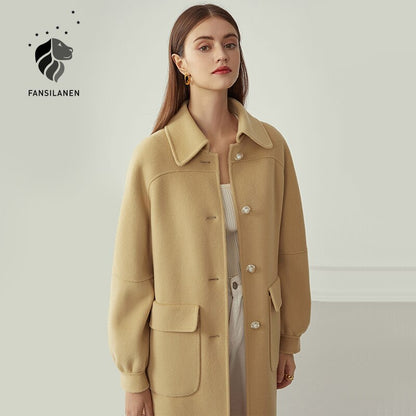 xakxx 100% Wool Long Women's Coat Autumn Winter Oversized Vintage Coat Jacket Wool Blend Casual Female Blue Overcoat