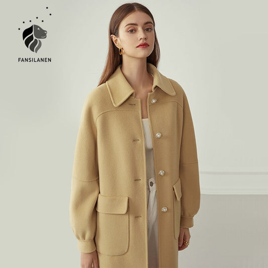 xakxx 100% Wool Long Women's Coat Autumn Winter Oversized Vintage Coat Jacket Wool Blend Casual Female Blue Overcoat
