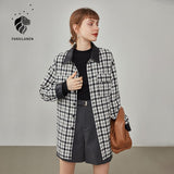 Women Woolen Stitching Leather Design Jacket Polo Collar Plaid Shirt Jacket Winter New Loose Casual Commuter Coats