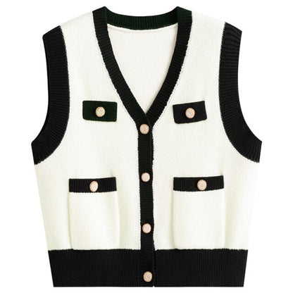 Vest Women Women's Knitted Vest Short Contrast Color Vest Sleeveless Jacket Women Cropped Sweater Vest Waistcoat