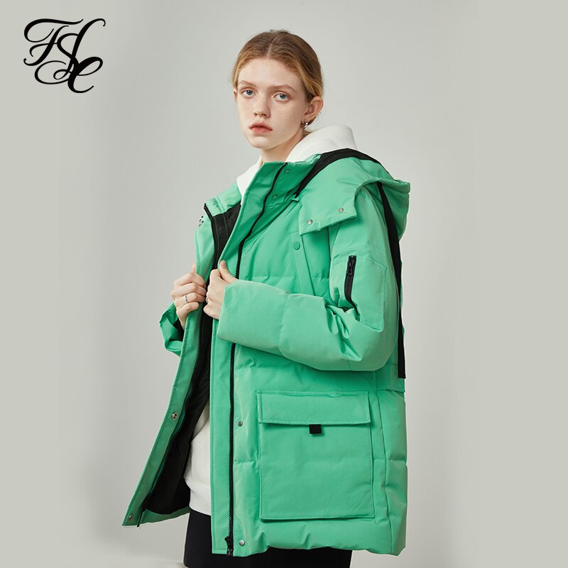 Women's Winter Tooling Down Jackets Loose Green Big Pocket 90 White Duck Down Coats Women Hooded Thicken Red Coat