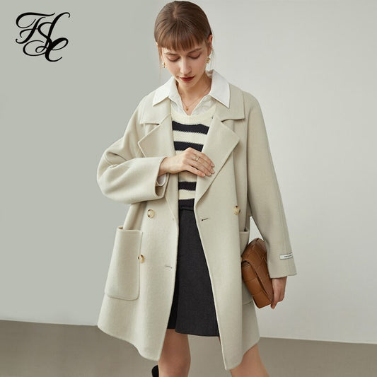 Women's Wide Version Loose Double-sided Woolen Coats Winter Two-piece Down Vest Women Apricot Warm Elegant Jackets