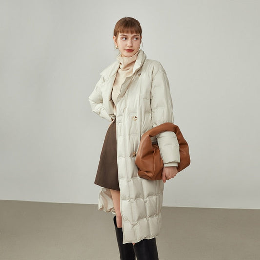 Women Winter Basic Lightweight Long Down Jackets Beige Double-breasted Warm Jacket Straight Office Lady Thicken Coats