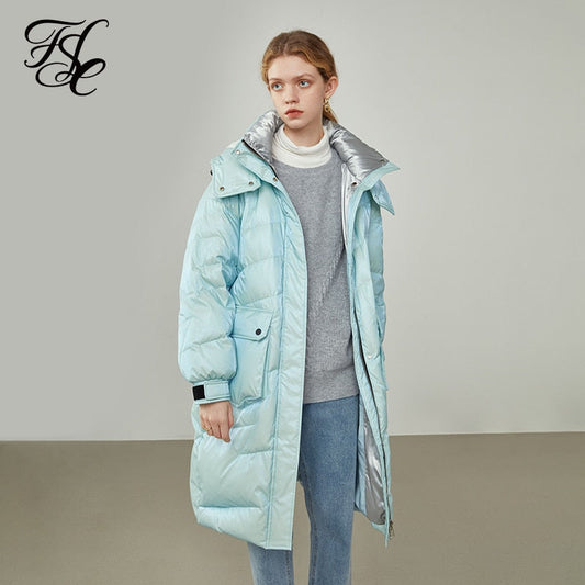 Women Mid-length Yellow Shiny Down Jackets Detachable Hat Design Decoration Bag Blue Winter Coat Thick Straight Coats