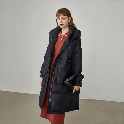 Women's Black Mid-length Loose Hooded Down Jacket Three-proof Fabric Commuter Straight Pink Coat Women Winter Jackets