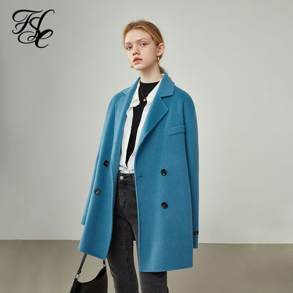 Women's Double-sided Suit Collar Woolen Coat Mid-length Loose Blue Wool Coats Women Korean Style Large Black Jackets
