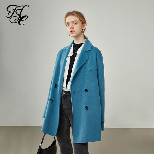 Women's Double-sided Suit Collar Woolen Coat Mid-length Loose Blue Wool Coats Women Korean Style Large Black Jackets