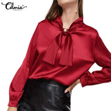 Women Elegant Satin Blouse  Fashion Bow Tie Office Tops Long Sleeve Casual Autumn Slik Shirts Oversized Party Blusas