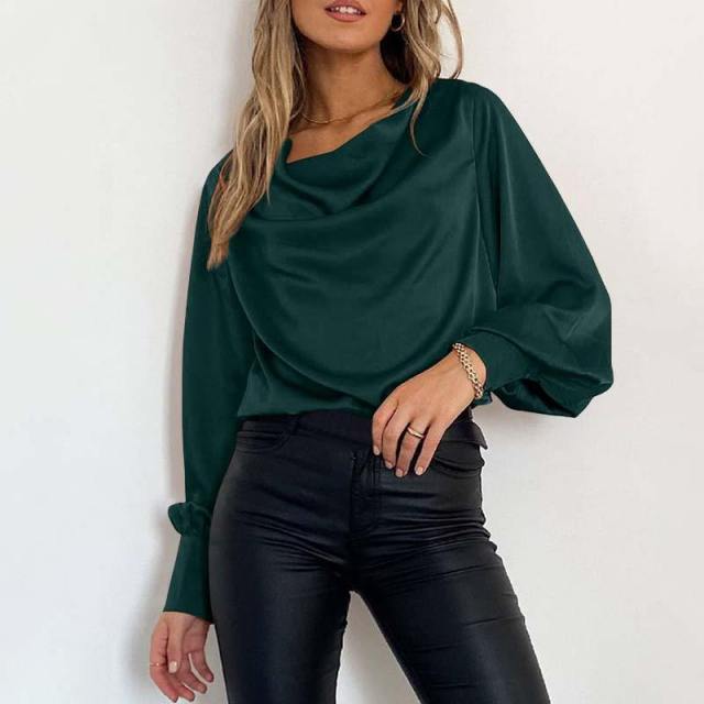 Elegant Satin Blouse  Autumn Women Lantern Sleeve Long Shirts Fashion Cowl Neck Casual Solid Streetwear Tunic Tops