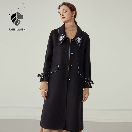 Floral Embroidery Black Long Wool Coat Women Autumn Winter Elegant White Blend Jacket Female Woolen Vintage Overcoat
