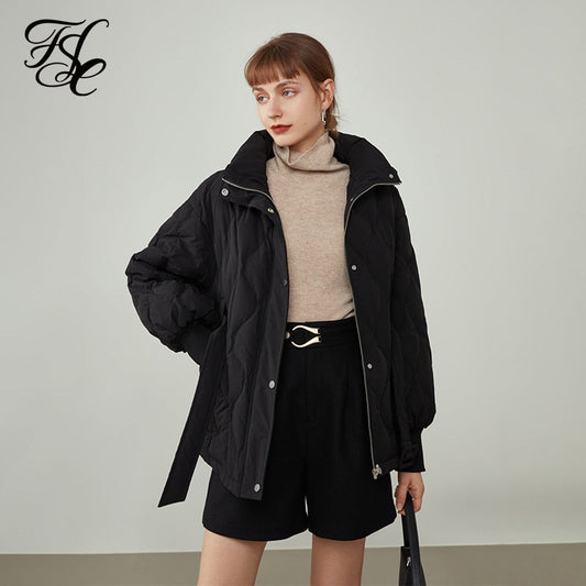 Women's Winter Black Fashion Baseball Collar Mid-length Down Jackets Short Lantern Sleeve Down Jacket Oversized Coats