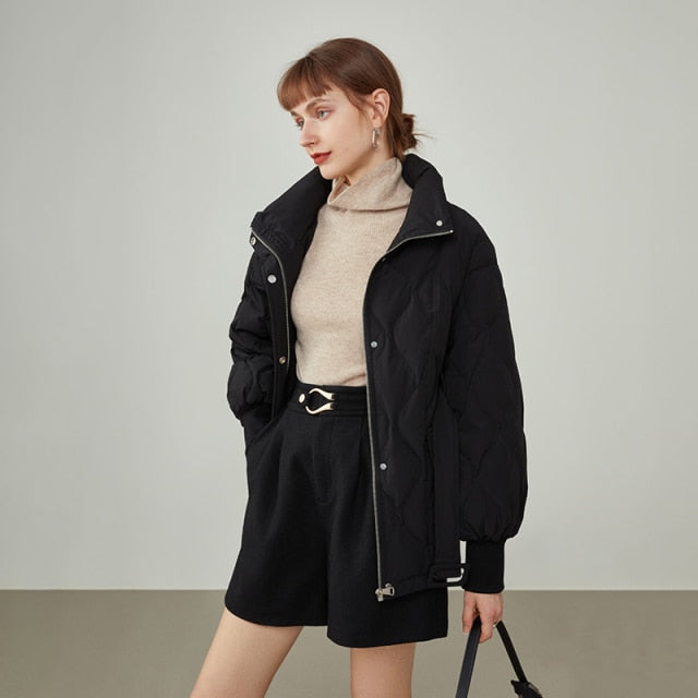 Women's Winter Black Fashion Baseball Collar Mid-length Down Jackets Short Lantern Sleeve Down Jacket Oversized Coats