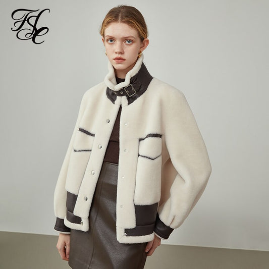Winter Women Faux Fur Coat Short Sheep Shearl Coat Pocket Decoration Commuter Fur Biker Jackets All-wool Women Jacket