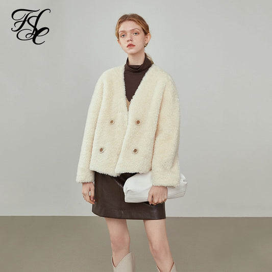 Women's Winter Short Faux Fur White Coat Grain Wool V-neck Lamb Wool Double-breasted Jackets Women Casual Fur Coats