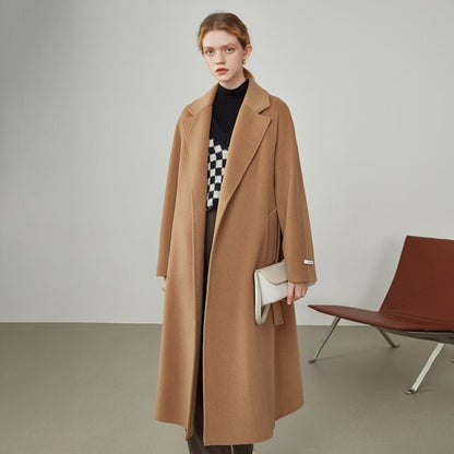 Women's Black Thick Lace Double-sided Woolen Coat Winter New Straight Long Camel Color Office Lady Woolen Jackets